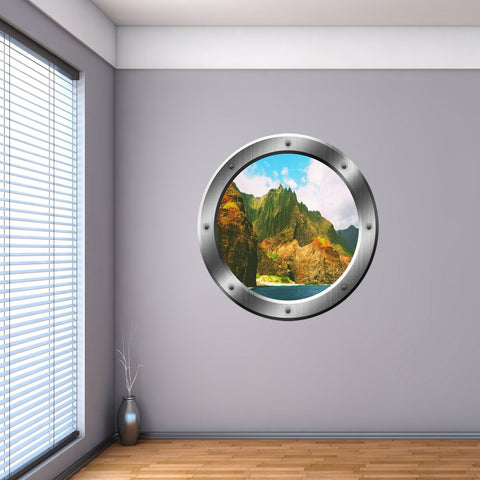 VWAQ Ocean Mountain View Silver Porthole Peel and Stick Vinyl Wall Decal - SP39