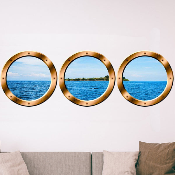 VWAQ Ship Window Portholes Tropical Island Scene Peel & Stick Wall Decals - SPW4 no background