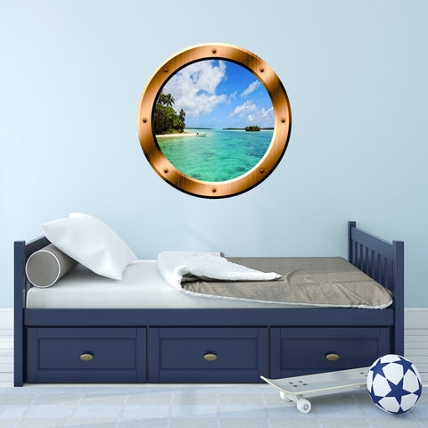 VWAQ Beach Porthole Ocean Wall Decal 3D Beach Wall Sticker Peel And Stick Decor