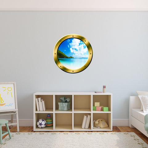 VWAQ Clear Blue Beach Gold Porthole Window Peel and Stick Wall Decal - GP34 - VWAQ Vinyl Wall Art Quotes and Prints