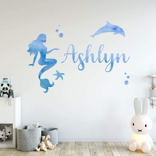 VWAQ Watercolor Mermaid Custom Name Wall Decal Personalized Girls Room Decor - GN36 