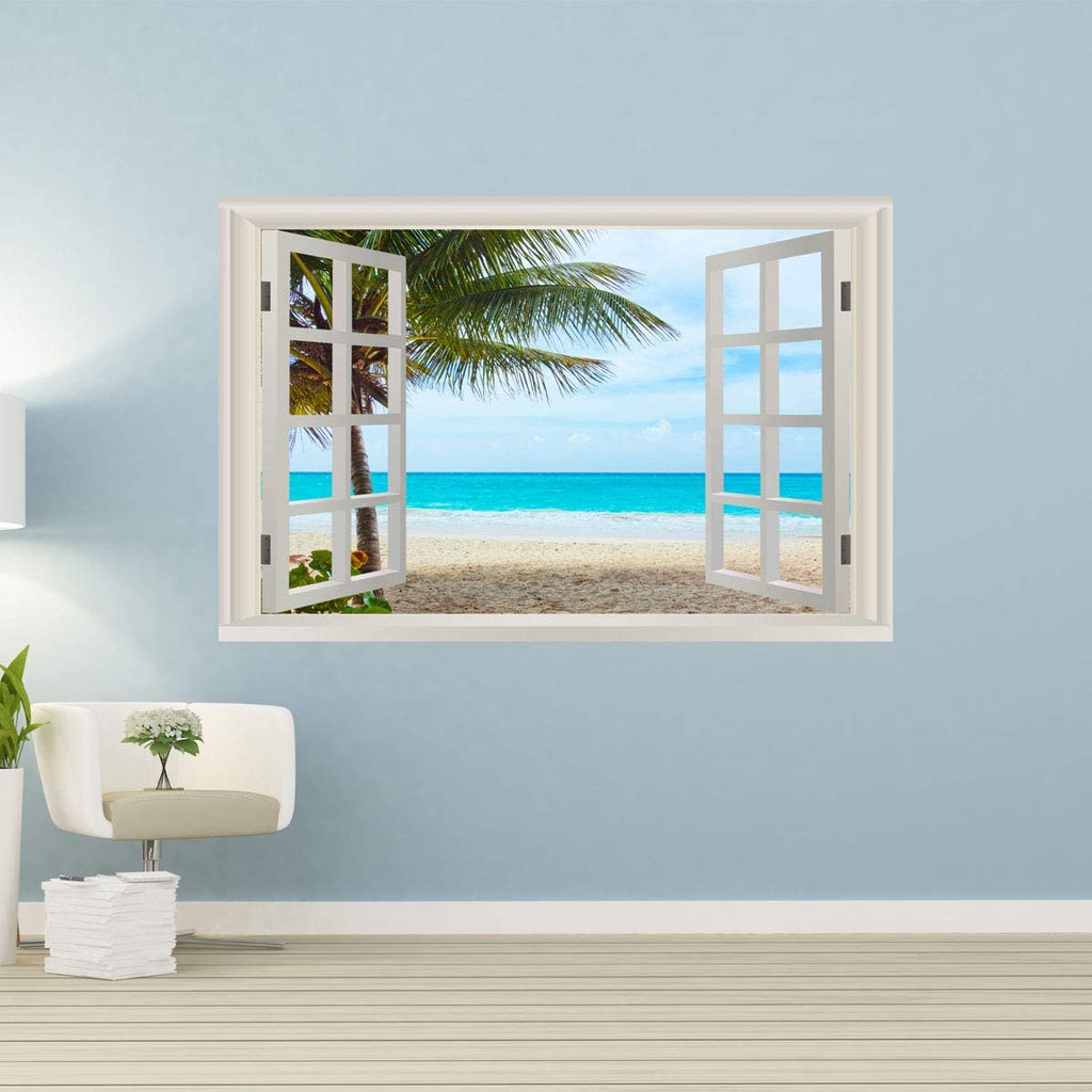 3D Window Ocean Beach Palm Trees Wall Decals Sea Decor Sticker Seascap