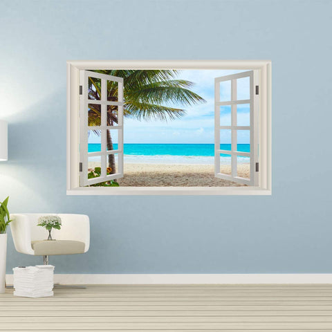 VWAQ - 3D Window Ocean Beach Palm Trees Wall Decals Sea Decor Sticker Seascape Mural - NWT15 