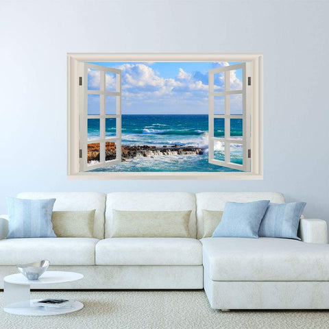 VWAQ - 3D Beach View Window Wall Decal Sticker Peel and Stick Ocean Scene Mural - NWT14 