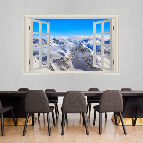 VWAQ - Snow Mountain Range Wall Mural Sticker - Winter Wall Art Decal 3D Window View - NWT17 