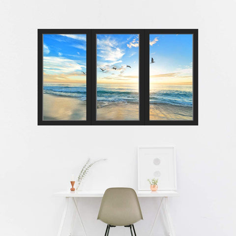 VWAQ - Sunset 3D Beach Office Window Wall Decals Ocean View Sticker Seascape Mural - OW20 