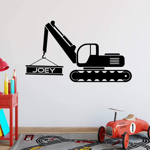 VWAQ Personalized Excavator Wall Decal Customized Boys Name Construction Truck Sticker Kids Room Decor - CS26 