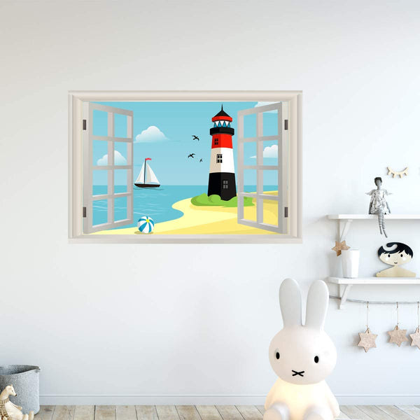 VWAQ Kids Room Beach Window Decal Wall Sticker Lighthouse Mural Peel and Stick - NWT27 