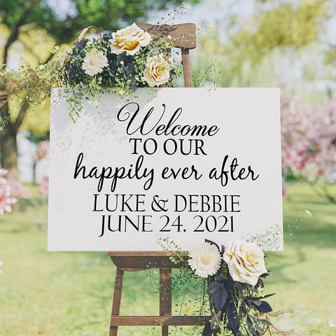 VWAQ Welcome to Happily Ever After Wedding Decal Quote Marriage Bride and Groom Decor - CS68 