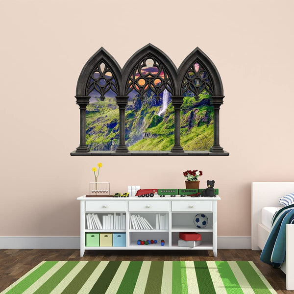 Castle Style Window Frame with waterfall scene decal