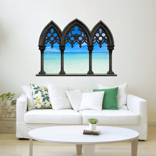 VWAQ - Beach View Castle Window Decals for Walls Peel and Stick Ocean Scene Mural - NWC23 
