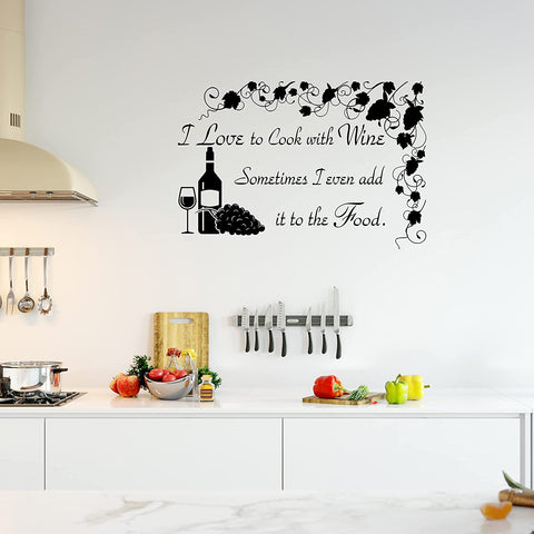 VWAQ I Love to Cook with Wine Wall Decal Sign - Funny Kitchen Quotes Decor 