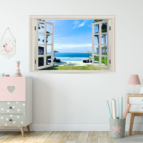 VWAQ - Tropical Beach Vacation Wall Decal Ocean Window View Sticker - NWT39 