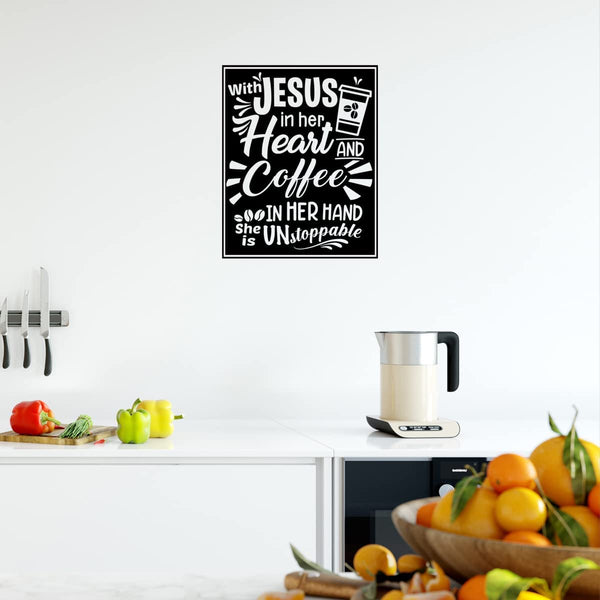 VWAQ with Jesus in Her Heart and Coffee in Her Hand Religious Home Decor Motivational Wall Decal 