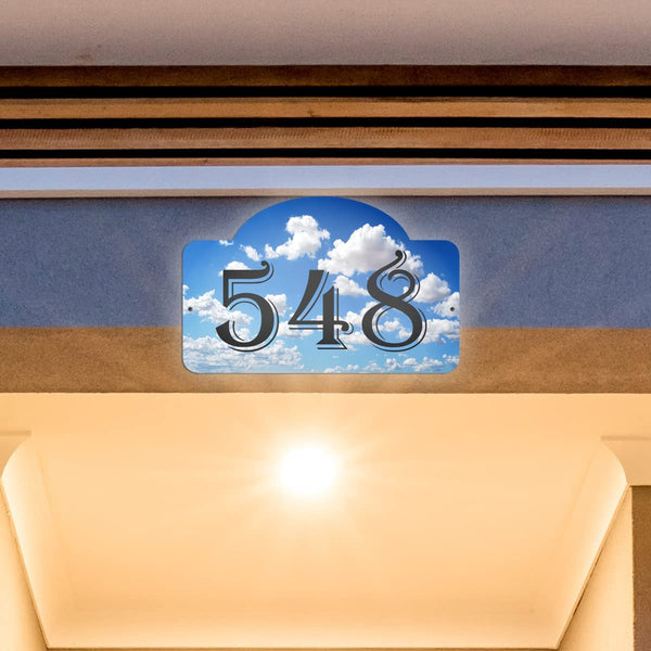 VWAQ Custom Home Address Aluminum Sign Numbers Clouds Design Plaque - Single Sided and Reflective Pre-Drilled Holes - AS4S6 Horizontal 