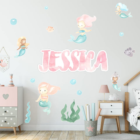 VWAQ Personalized Name with Mermaids Wall Decals Girls Room Wall Stickers Peel and Stick - 16 PCS - HOL71
