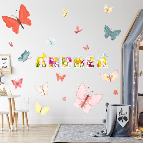 VWAQ Personalized Flower Name with Butterflies Wall Decals Girls Room Wall Stickers Peel and Stick - 18 PCS - HOL72