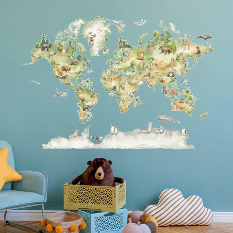 VWAQ World Map with Animals Vinyl Wall Decal Kids Room Decor Nursery Sticker Removable - HOL73 
