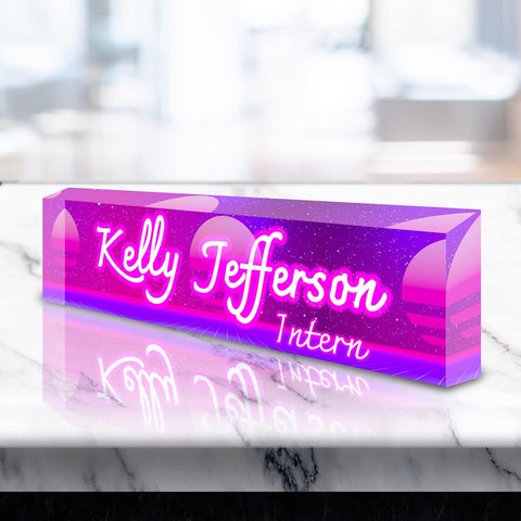 VWAQ Personalized Nameplate for Desk - Custom Clear Acrylic Glass Retro Neon Outer Space Galaxy Art - Customized Gift - ACS62