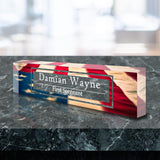 VWAQ Custom American Flag Name Plate for Desk - Clear Acrylic Glass Art - Customized Office Decor Nameplate Sign - Personalized Gift - ACS77
