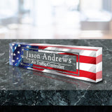 VWAQ Custom American Flag Name Plate for Desk - Clear Acrylic Glass Art - Customized Office Decor Nameplate Sign - Personalized Gift - ACS78