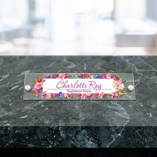 VWAQ Custom Flowers Nameplate for Wall - Floral Clear Acrylic - Personalized Women's Office Decor Name Plate Sign Gift - WACS22