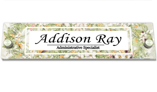 VWAQ Personalized Floral Professional Nameplate for Wall - Clear Acrylic Glass - Custom Office Decor Name Plate Sign Gift - WACS25 