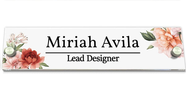 VWAQ Personalized Flower Nameplate for Wall - Clear Acrylic Glass - Custom Office Decor Name Plate Floral Sign Gift - WACS28 