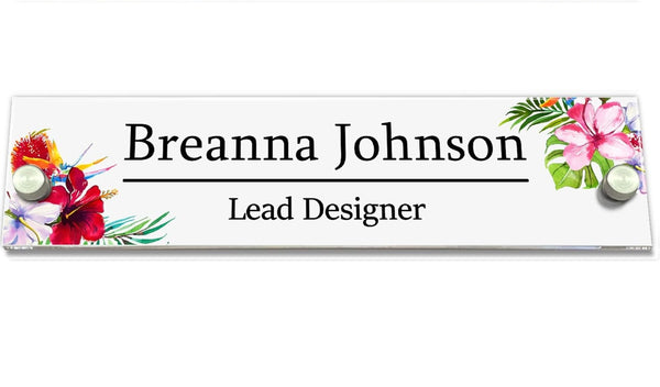 VWAQ Personalized Tropical Nameplate for Wall - Clear Acrylic Glass - Custom Office Decor Name Plate Flower Sign Gift - WACS29 