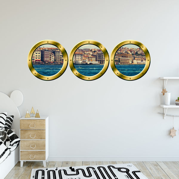 VWAQ Pack of 3 City Skyline Gold Porthole Peel and Stick Wall Decals - GPW5