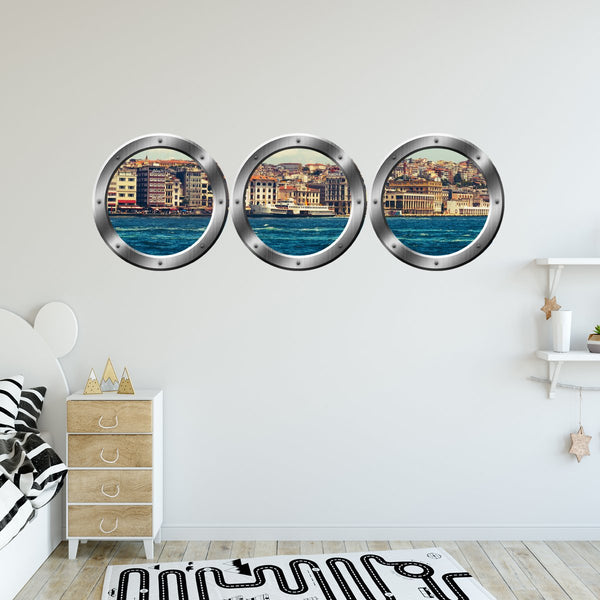 VWAQ Pack of 3 City Skyline Bronze Porthole Peel and Stick Wall Decals - BPW5 no background