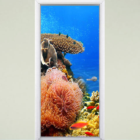 VWAQ Underwater Coral Reef Door Mural - Ocean Vinyl Fish Decal Decor - DM7