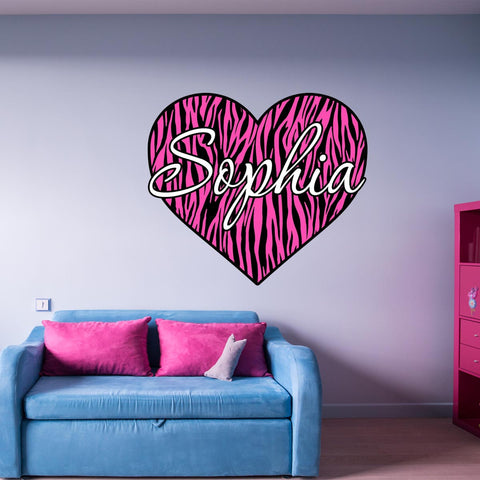 VWAQ Pink Personalized Zebra Stripe Heart Name Vinyl Wall Decal - GH4 - VWAQ Vinyl Wall Art Quotes and Prints