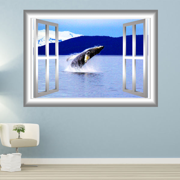 VWAQ Peel and Stick Breaching Humpback Whale Window Frame Scene Wall Decal - GJ95 - VWAQ Vinyl Wall Art Quotes and Prints