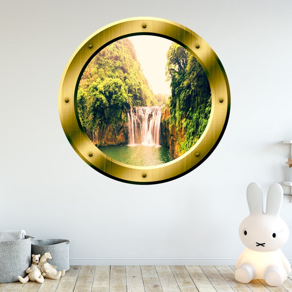 VWAQ Waterfall View Bronze Porthole Peel And Stick Vinyl Wall Decal - GP13