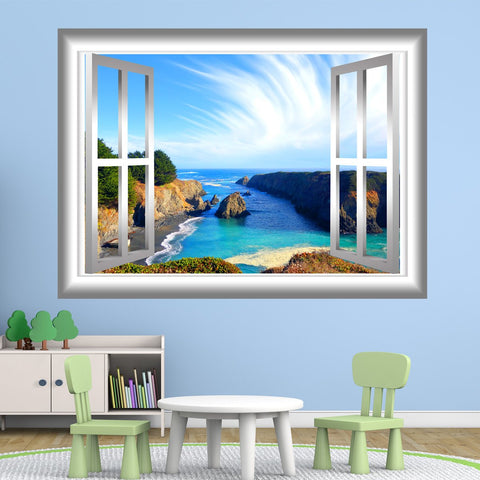 VWAQ Scenic Ocean View Peel and Stick Window Frame Vinyl Wall Decal