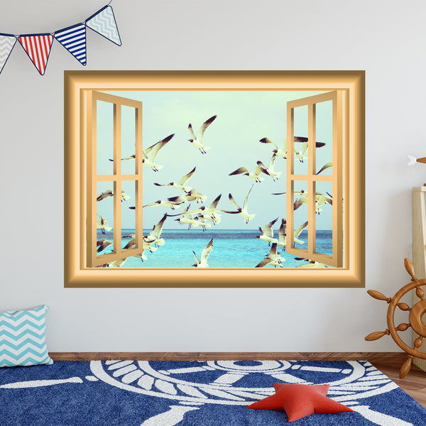 VWAQ Flock of Seagulls through Window Frame Peel and Stick Vinyl Wall Decal - NW83 - VWAQ Vinyl Wall Art Quotes and Prints