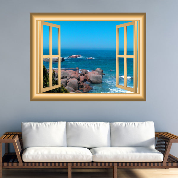 VWAQ Rocky Beach Peel and Stick Ocean Scene Window Frame Wall Art Vinyl Decal - NW84