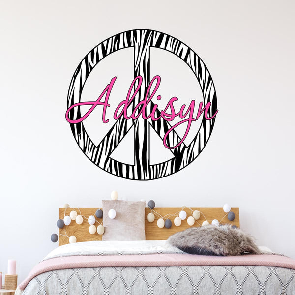 VWAQ Custom Name Zebra Print Peace Sign Wall Decal - PC10 - VWAQ Vinyl Wall Art Quotes and Prints