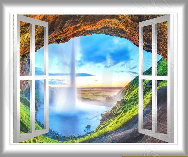 VWAQ Peel and Stick Majestic Waterfall Scene Window Frame Wall Decal
