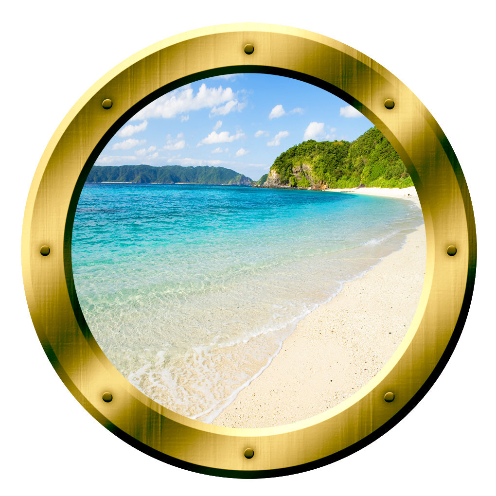 Tropical Beach Mural Peel and Stick Gold Window Porthole Wall Art VWAQGP2