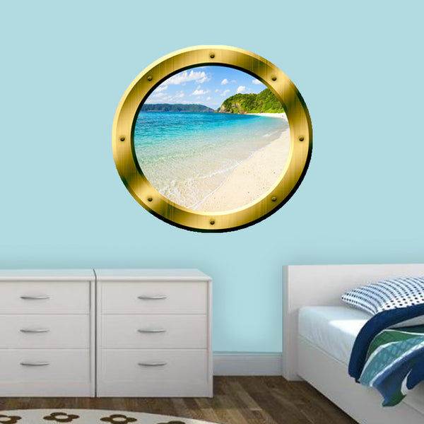 VWAQ Tropical Beach Scene Peel and Stick Gold Window Porthole Vinyl Wall Decal - VWAQ Vinyl Wall Art Quotes and Prints