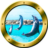 VWAQ Peel and Stick Gold Dolphin Porthole Vinyl Wall Decal - GP26 no background