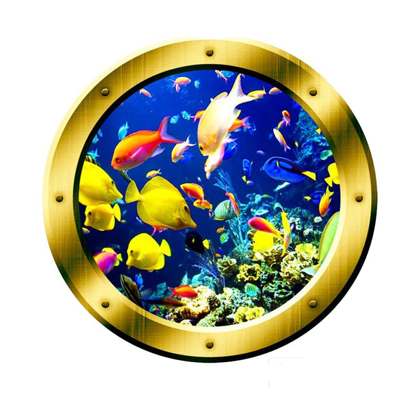 VWAQ Underwater Ocean Life Porthole Gold Window frame Wall Decal - VWAQ Vinyl Wall Art Quotes and Prints no background