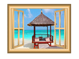 VWAQ Ocean Beach Hut Window Frame Peel and Stick Vinyl Wall Decal - NW10 no background