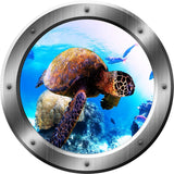 VWAQ Sea Turtle Portrait, Turtle Wall Decal, Porthole, Underwater Ocean Decals no background