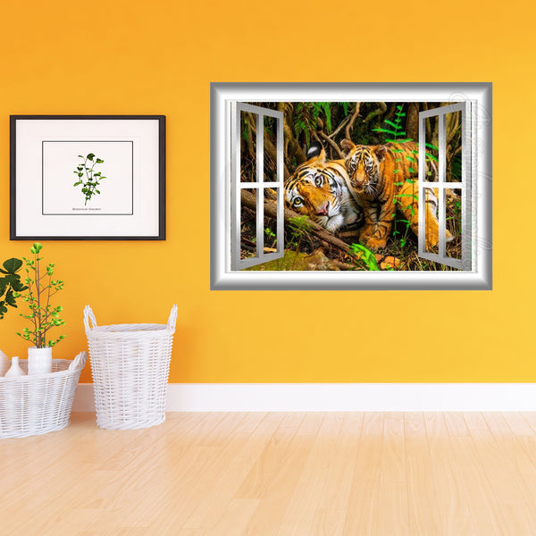VWAQ Tigers Through Window Frame View Peel and Stick Vinyl Wall Decal - GJ11B