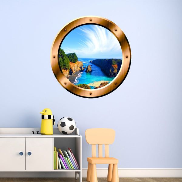 Tropical Ocean Cove Rocky Window Porthole Peel and Stick Wall Decals