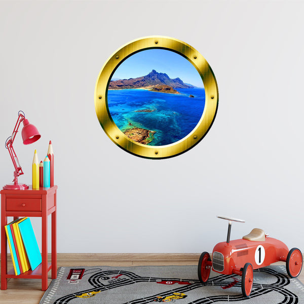 VWAQ Ocean Side Cliff View Gold Porthole Peel and Stick Vinyl Wall Decal - GP11